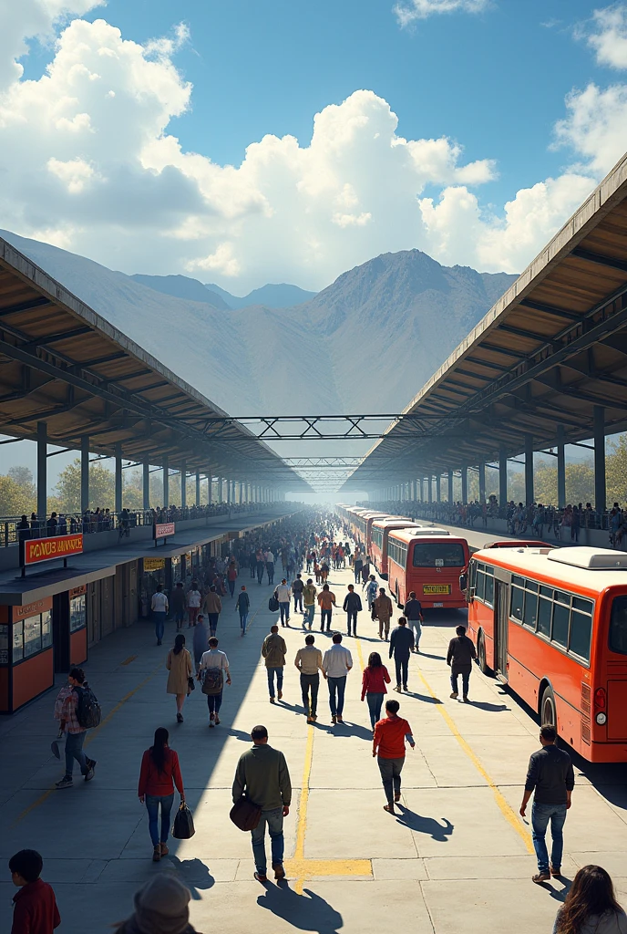 Create an image of a bus terminal located in Bolivia. The terminal should have a simple, rectangular design with a large, flat roof extending over the main building and bus platforms. The roof should be supported by metal beams and provide ample shade and protection from the elements. The building itself is constructed from concrete, with some sections made of glass for natural light. There are multiple platforms where buses are parked, with clear signage indicating departure gates. The terminal should include small kiosks for food and ticket sales, along with benches in the waiting area. The setting is in a mid-sized Bolivian town, with the Andes mountains visible in the background, reflecting the high-altitude environment. The overall atmosphere is functional and practical, with people waiting for buses and others boarding or disembarking. The scene should capture a busy but orderly environment typical of a transit hub in Bolivia.