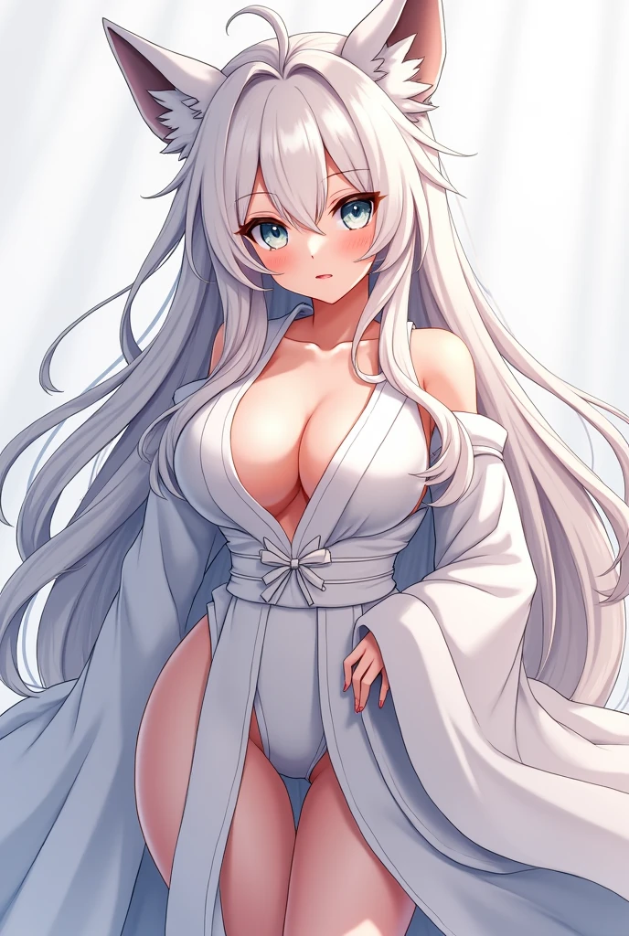 Draw an 1 girl with a curvy body, size G tits, white hair and fox ears, wearing white miko clothes in an anime style