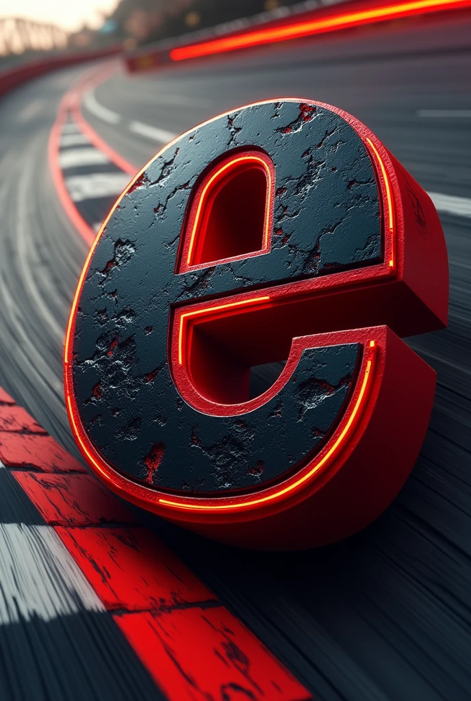 Black letter e with red edges, animated type, with racetrack background
