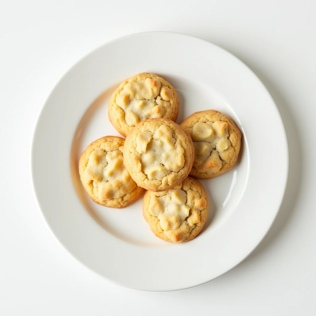 "Top-down angle focusing on a patternless white plate with neatly arranged round white chocolate chip cookies placed side by side on a patternless white table."