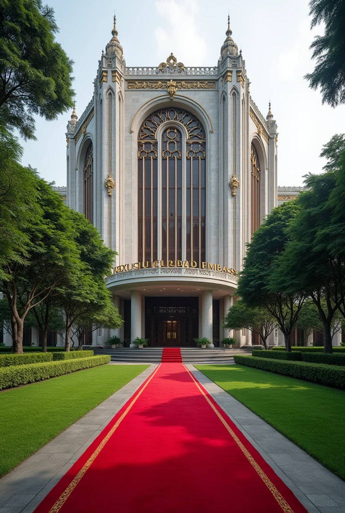 A wonderful and luxurious building, it's on it's own with large compound with trees and Grass with Indonesian architecture and the words Nexus Global Embassy fully exposed on the building separate concrete with red carpet on the entrance with a good full view and angle .Expose the words Nexus Global Embassy