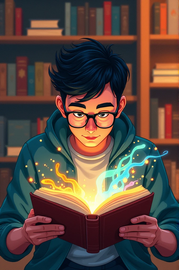 A poster inviting you to read with the words 'pick up your first book', a picture of a young man wearing glasses reading a book and imagining what he is reading.