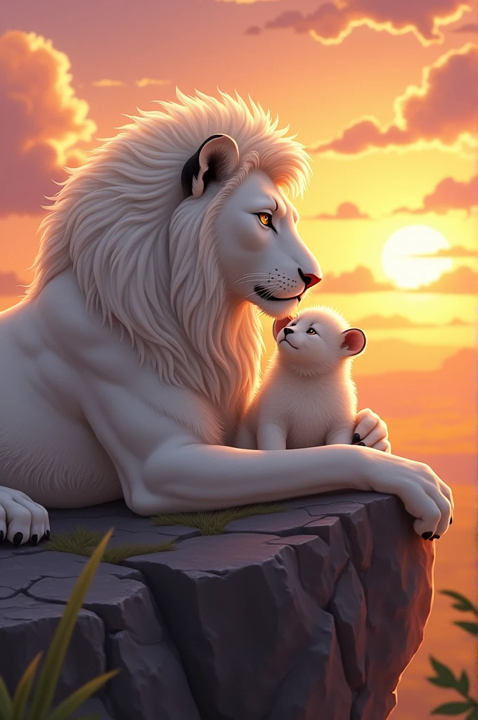 A white lioness, holding her puppy, sitting on a rock, In the sunset, anime style