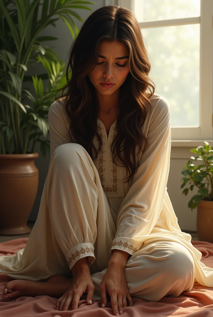 beautiful pakistani woman, pressing her calf with hands, wearing qameez, indoors, soft lighting, plants in background, window with sunlight, cozy room, realistic, intricate details, warm colors, she has anxiety expressions on her face, in sad mood