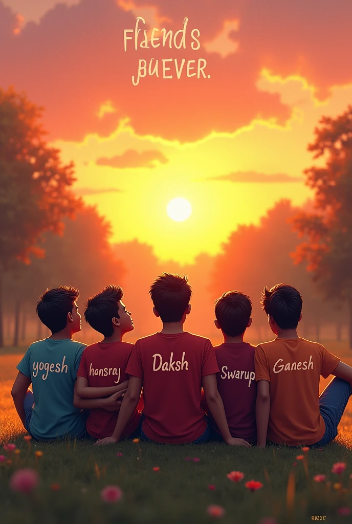 6th friends siting on the grass enjoying the view of sunset, one boy name is yogesh written on the t shirt, and 2nd boy name is hansraj written on the t shirt, and 3rd boy name is daksh written on the t shirt, and 4th boy name is swarup written on the t shirt, and 4th boy name is ganesh written on the t shirt, and 6th boy name is niraj written on the t shirt background text FRIENDS FOREVER