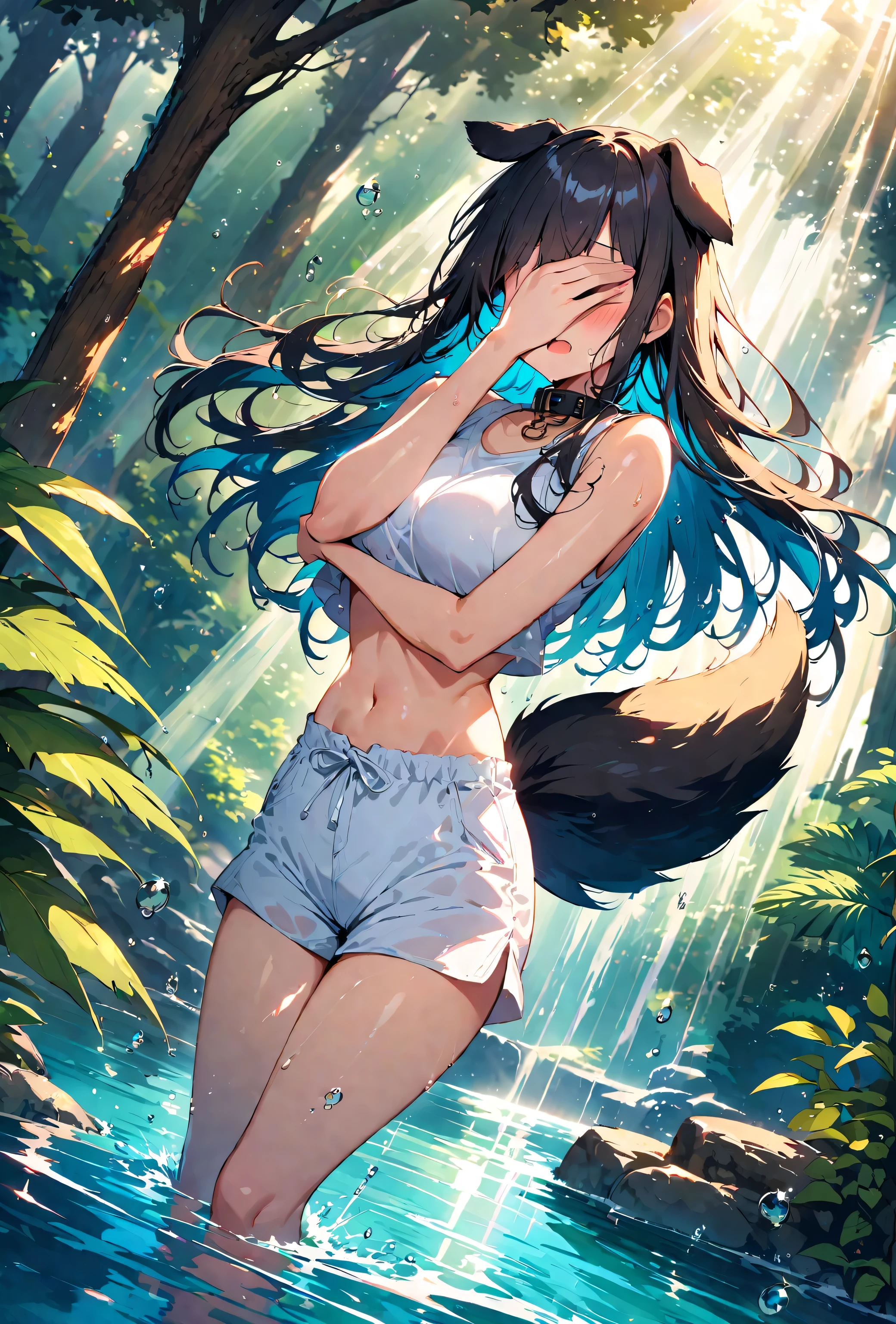 cute dog girl, nsfw, (((showering in a waterfall))), large breasts, (((big oversized white shorts))), (((((loose white sleeveless crop top))))) ((shocked, surprised expression)), (((embarrassed))), (((blushing))), ((((((hand covering eyes)))))), (((grey eyes))), (((focal point))), ((close-up full body shot)), ((dynamic angle)), ((long hair)), (black hair, wet and shiny), (dog ears), (dog tail), (black dog collar), ((detailed water droplets, sunlight filtering through trees)), ((dynamic and beautiful lighting)), BREAK, masterpiece, UHD, detailed and high quality, serene atmosphere, vibrant colors, flowing water, detailed background, joyful mood, intricate details, natural beauty, perfect hands