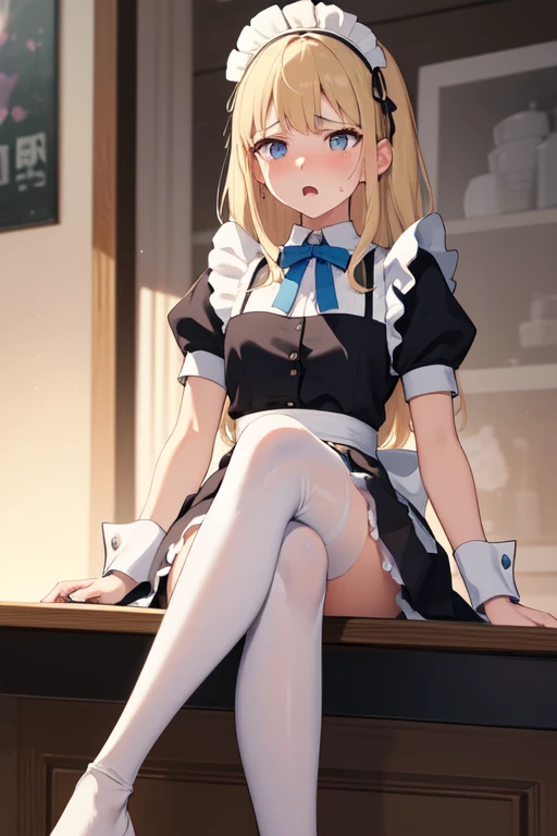 ((highest quality、High resolution))、Portrait、A beautiful woman、Perfect body、Beautiful ample breasts、Long blonde、bangs、Sexually excited facial expression、Love juice、No panties、Legs wide open、((POV、Maid showing pussy、orgasm))、I'm inviting you to have sex