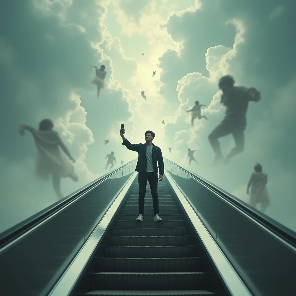 ((Last selfie. Il giovane si scatta un selfie su una scala mobile che, invece di fermarsi a un piano superiore, continua a salire verso un cielo pieno di nuvole surreali e figure bizzarre fluttuanti. La scala sembra non avere fine, scomparendo tra le nuvole, mentre lui si gode il viaggio con un sorriso, ignorando l’assurdità della situazione. Oopps.)). (Suspended in the air between scene and the viewer, a translucent, almost ghostly black message reads exactly: "Last selfie!". The text appears as if it's floating, blurred at the edges, with the letters formed from a faint mist or dark black smoke that lingers in the space. The smoky words are readable, though not overly bright, hovering just in front of his gaze, creating a surreal yet powerful effect. Text exactly says: "Last selfie!". Text says: "Last selfie!". semi-transparent text that reads 'Last selfie!' in a dramatic, bold font. The text almost acts as a title, floating in the air, partially obscuring the scene but enhancing the overall tension and urgency of the moment.Suspended in the air between scene and the viewer, a translucent, almost ghostly black message reads exactly: "Mercy is over!". The text appears as if it's floating, blurred at the edges, with the letters formed from a faint mist or dark black smoke that lingers in the space. The smoky words are readable, though not overly bright, hovering just in front of his gaze, creating a surreal yet powerful effect. Text exactly says: "Mercy is over!". Text says: "Mercy is over!". semi-transparent text that reads 'Last selfie!' in a dramatic, bold font. The text almost acts as a title, floating in the air, partially obscuring the scene but enhancing the overall tension and urgency of the moment.)
