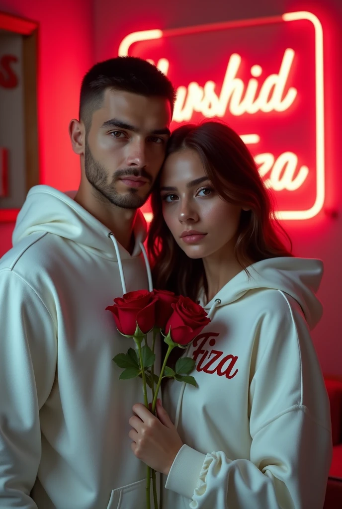 A 4k quality highly detailed Realistic portrait camera facing Handsome 28 year guy with short hair White Hoodie with 30 year beautiful mature women in a White Hoodie, the girl has a red rose flower in her hand and is sitting on down floor, with romantic mode, no smile, written text "Murshid" in the boy hoodie and "Fiza" in the women hoodie, and Murshid love Fiza is written on the neon light tubes wall with neon text behind.
