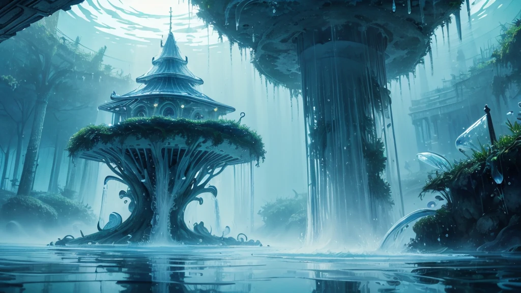 ((masterpiece)),((Highest quality)),((High Detail)),nobody,background, Atrium, Splattering water droplets, Refreshing mist, Crystal clear water, Spiral water flow, Underwater Art, Interaction between nature and architecture, Beautifully illuminated, Magical Reflection