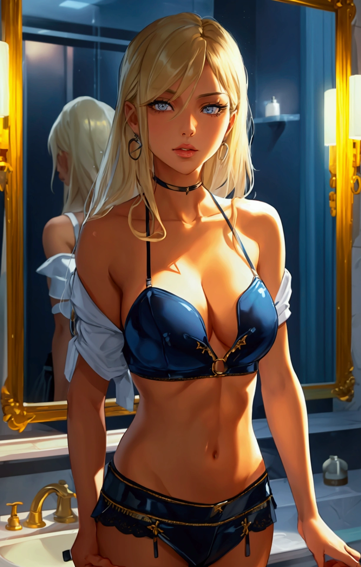 A twenty-something woman who has blonde hair, grey eyes, golden skin, full lips, and an hourglass physique. She is wearing a blue bralette and navy biker shorts. She is standing in a luxury bathroom, holding a phone while looking into a mirror.