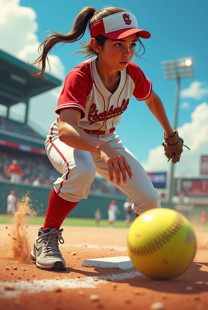 Generate a cool effect of softball player drawing idea with cool posture and angle of camera make it nice
