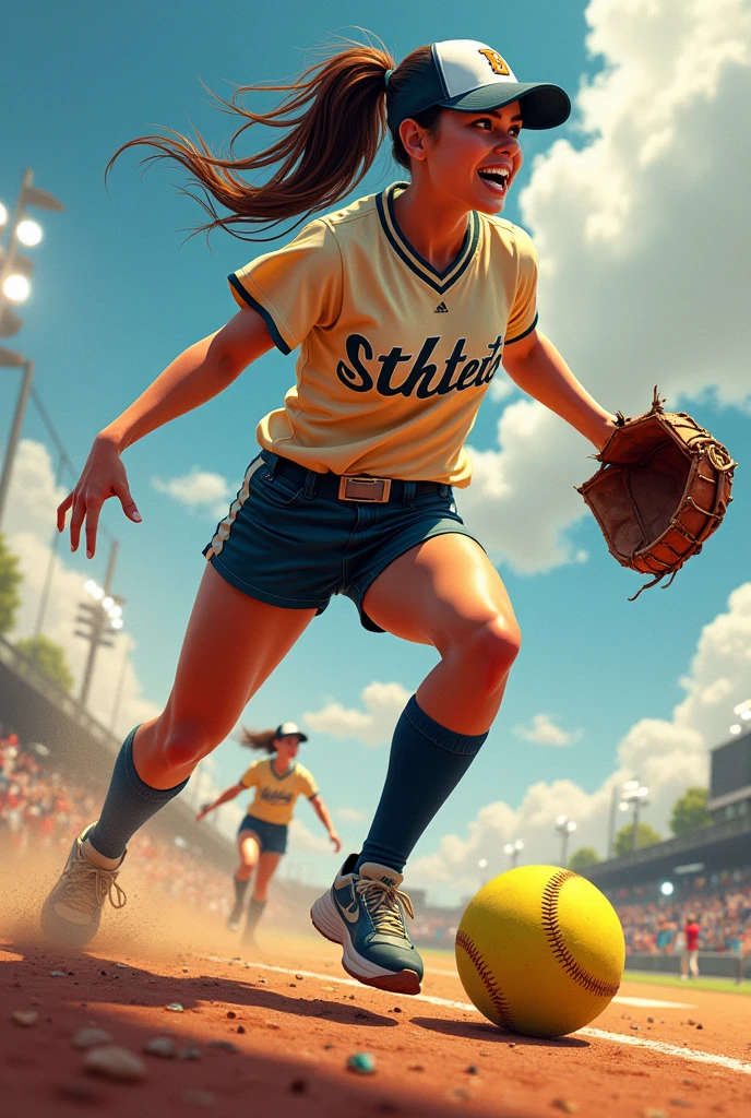 Generate a cool effect of softball player drawing idea with cool posture and angle of camera make it nice