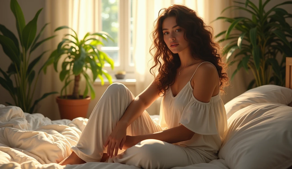 (photorealism:1.2), beautiful woman, sitting on bed, wearing loose off-shoulder top, pajama pants, long curly hair, indoors, soft lighting, plants in background, window with sunlight, cozy room, relaxed pose, realistic, intricate details, warm colors, by Greg Rutkowski, by Alphonse Mucha