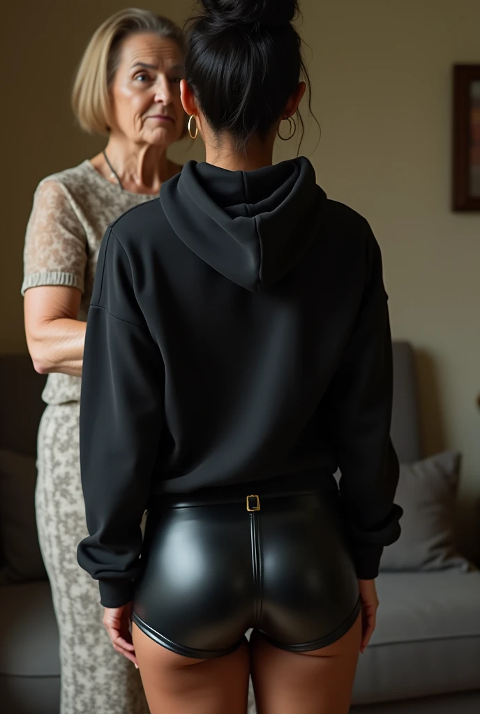 black woman hair in a bun black hoodie black leather short shorts being fucked in the ass by a old grandma in a dress