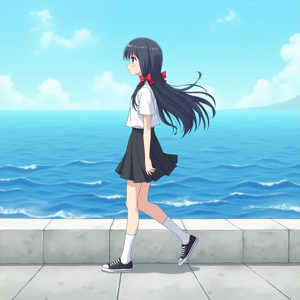 Anime Style,
Ocean沿いを歩く一人の少女,
The girl is wearing a white blouse with short sleeves and no collar., Wearing a black flared skirt,
Wearing white knee-high socks, Wearing sneakers.
Her hair is very long and black, with low twin tails and red ribbons..
Not high pigtails, Not half-up,
Late s, Small breasts, Has dark brown eyes.
Concrete revetment, Ocean,
Daytime, from front.