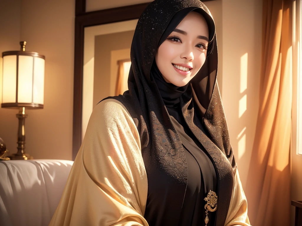 1girl, gorgeous Indonesian woman, silk abaya, hijab, smiling, shy, opened mouth, visible teeth, hot mom, full body portrait, (best quality,4k,8k,highres,masterpiece:1.2),ultra-detailed,(realistic,photorealistic,photo-realistic:1.37),HDR,UHD,studio lighting,ultra-fine painting,sharp focus,physically-based rendering,extreme detail description,professional,vivid colors,bokeh,portraits,warm color tones,dramatic lighting