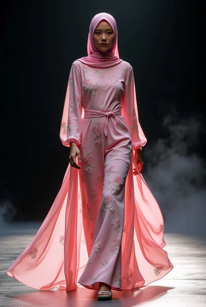 happy summer moslem fashion design by vera wang with colourful flowers in soft pastel pink colours and floral, wore by japanese female model, long flowy hijab, seen walking on catwalk, her hand on hip, black void background, soft silver particles, smokes and nice lighting, UHD, HDR, 8k, Masterpiece, realistic, hyper realistic. catwalk, facing straight to camera. hand on hip, full body