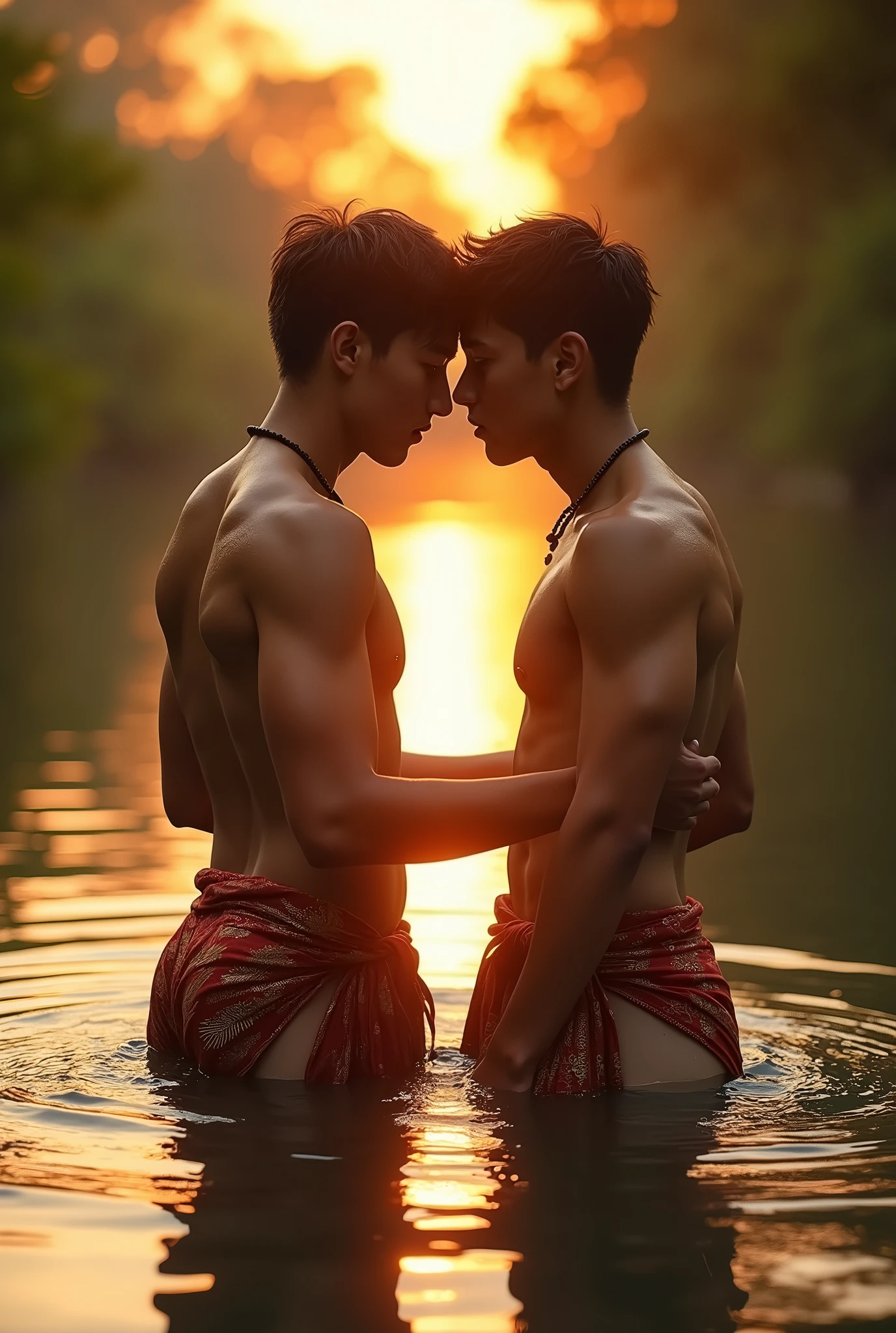 Two slim attractive Asian male agers with sarong native cloths touching each other's butts while in the river at sunset time