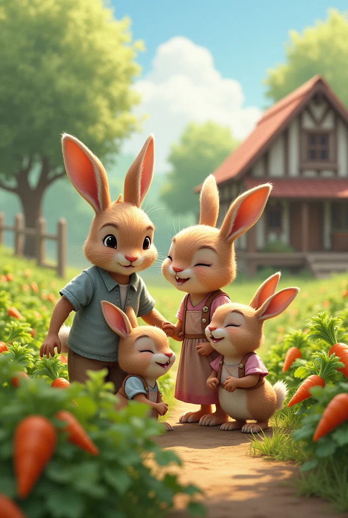 Couple of rabbit and female rabbit with a middle-aged daughter rabbit and two animated little rabbits in a carrot field and farm house