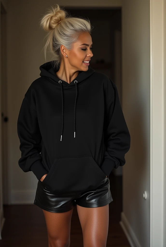 black woman hair in a bun black hoodie black leather short shorts being fucked in the ass by a old grandma in a dress