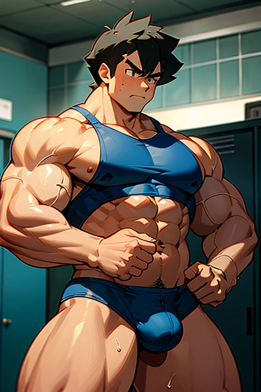 Ash Ketchum from Pokémon anime as a big dumb teenage muscular bodybuilder jock in a locker room flexing and staring blankly with mouth gaping open as his eyes glow under hypnosis as he repeats, "Bigger... Dumber.... Must obey.... More like a jock bro every day.... Yes, Coach. I obey. Huhuhuhuh.... Sweaty brutes must obey.... Sweaty brutes do what you say.... Big ... sweaty ... musky jock bro.... The muscles must grow. The old smarts must go.... Recruit the nerds and watch them grow. Make them like us, ... more big dumb jock bros. Huhuhuh.... We will grow. We will spread. We will make more dumb jocks.... We will grow... We will spread... We will make more dumb jocks.... We will grow. We will spread. We will make more dumb jocks.... Assimilate.... Grow.... Transform.... Become.... Convert.... Be a dumb jock.... All must be jocks. All must obey. Forget, ... conform, ... dumb down, ... and obey.... Just ... like ... me.... " in deep mindless emotionless voice with fellow hypnotized jocks to forget about catching and training Pokémon and focus instead on training his body and obeying his coach. Mouth dropped open. Hyper swollen bulging crotch. Hyper muscles. Toned muscles. 5% body fat. Steam rising from armpits and shoulders. Big biceps. Big triceps. Broad shoulders. Big traps. Big lats. Big meaty pecs. Massive deltoids. Six-pack abs. Spherical glutes. Brainwashing. Hypnosis. Hypnotized. Bro. IQ drain. Dumber and dumber. Meathead. Musclehead. Mindless. Hypno. Mind control. Brain drain. Entranced. Brute. Brutification. Brain drain. brainwashed. brainwash. Meathead jock bro assimilation. Mindless. Brainless. Empty stare. Hairy pecs. Hairy armpits. Treasure trail.