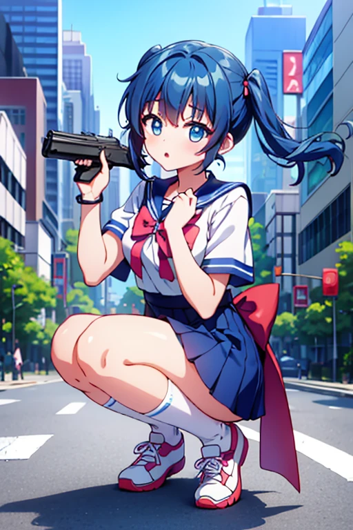 Highest quality、Ultra HD、One Woman、(Blue hair twintails 1.3)、(Sailor suit 1.3)、(Pink Ribbon)、(White sneakers 1.1)、((With a gun in each hand.5))、(Japanese Idol Faces 1.2)、(White over-the-knee socks 1.2)、Small breasts、(Daytime city background 1.2)、((Clear and beautiful touch))、(2 Asian female)