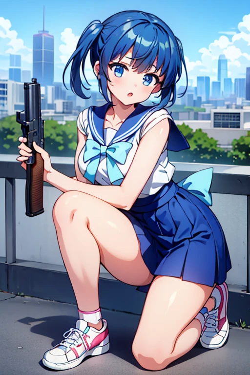 Highest quality、Ultra HD、One Woman、(Blue hair twintails 1.3)、(Sailor suit 1.3)、(Pink Ribbon)、(White sneakers 1.1)、((With a gun in each hand.5))、(Japanese Idol Faces 1.2)、(White over-the-knee socks 1.2)、Small breasts、(Daytime city background 1.2)、((Clear and beautiful touch))、(2 Asian female)