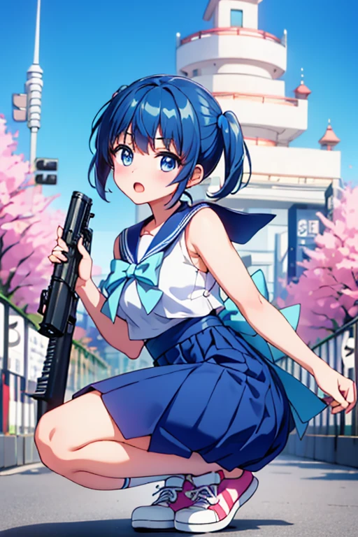 Highest quality、Ultra HD、One Woman、(Blue hair twintails 1.3)、(Sailor suit 1.3)、(Pink Ribbon)、(White sneakers 1.1)、((With a gun in each hand.5))、(Japanese Idol Faces 1.2)、(White over-the-knee socks 1.2)、Small breasts、(Daytime city background 1.2)、((Clear and beautiful touch))、(2 Asian female)