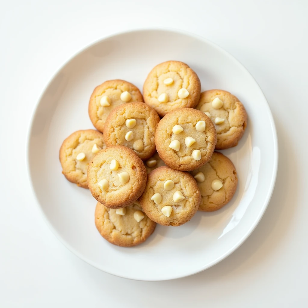 "Top-down angle focusing on a patternless white plate with neatly arranged round white chocolate chip cookies placed side by side on a patternless white table."