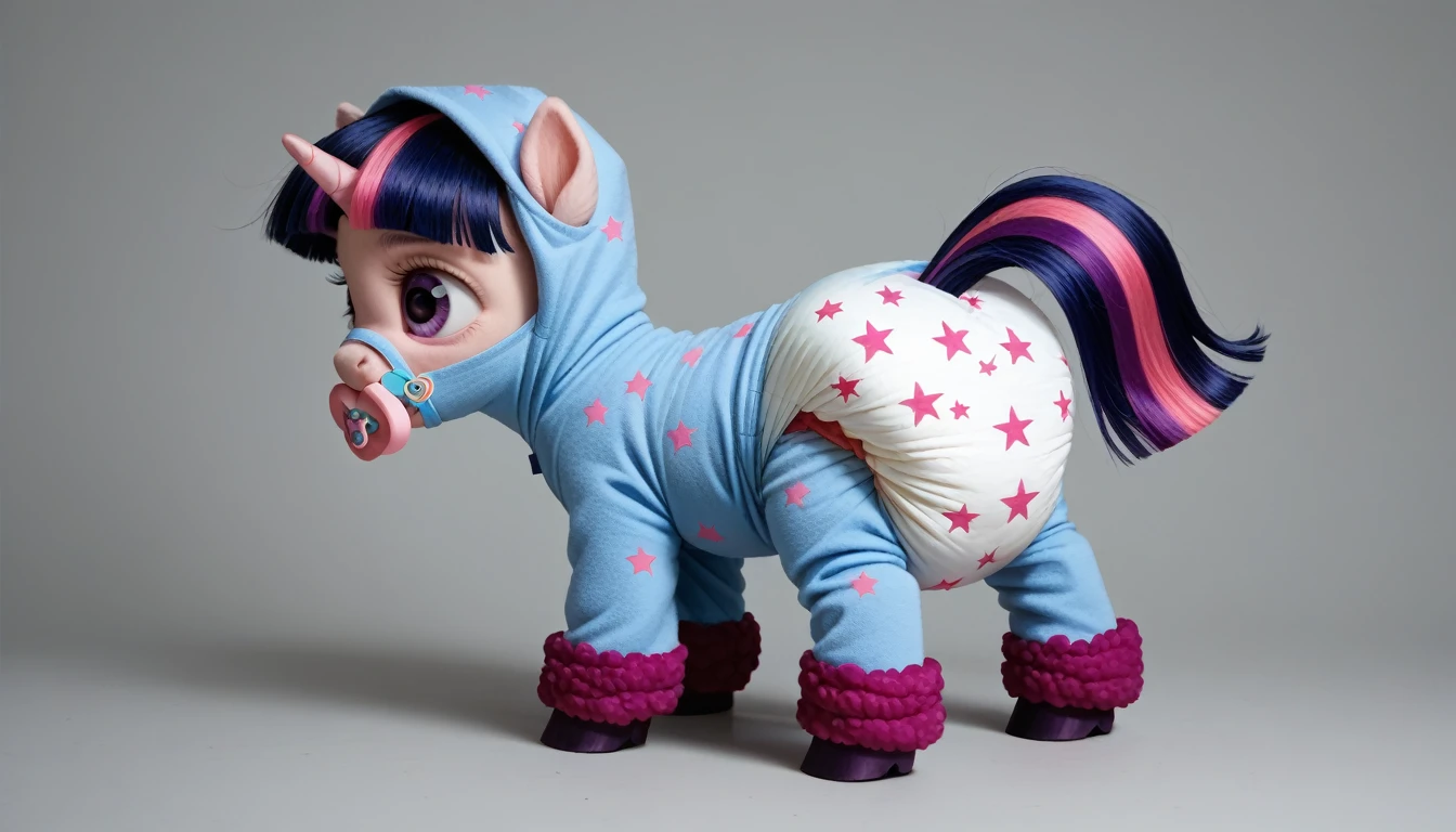 pony, Unicorn, purple wool, dark blue mane with purple streak and pink streak, the tail is dark blue with a purple strand and a pink strand, purple eyes, stands on four hooves, rear hooves spread wide apart, adult filly, dressed in a onesie and booties, pacifier in mouth, solo, thick diaper under clothes.
