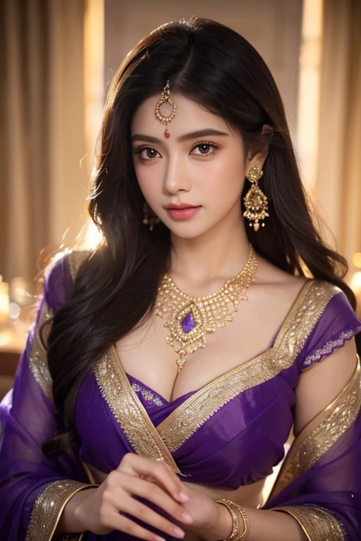 A gorgeous girl in a purple saree, elegant clothing, shyly looking at the viewer, sensual, 1girl, beautiful detailed eyes, beautiful detailed lips, extremely detailed face, long eyelashes, soft lighting, warm colors, cinematic, highly detailed, intricate, photorealistic, masterpiece, dramatic lighting, atmospheric, ornate jewelry, flowing fabric, elegant pose, serene expression, beautiful background, vibrant colors, dreamlike, glowing skin