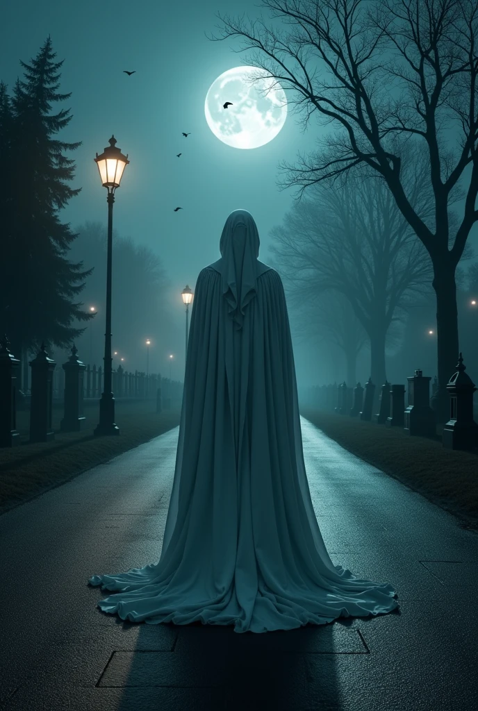 One night a tall man in a white robe was standing under a street lamppost with his backside visible and a cemetery by the side of the road.