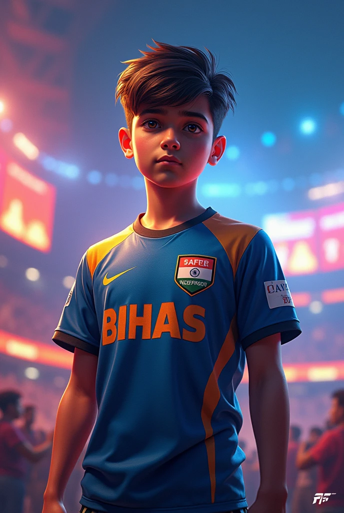 A boy playing for India free fire eSports with his Jersey named as bi b h a s