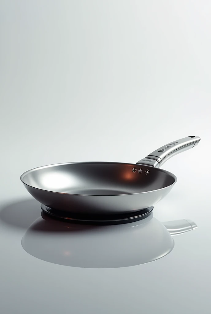 a futuristic frying pan that has power buttons on the handle and has a base underneath so that it doesn't burn anything and I want the photo to look like an advertising poster for sale