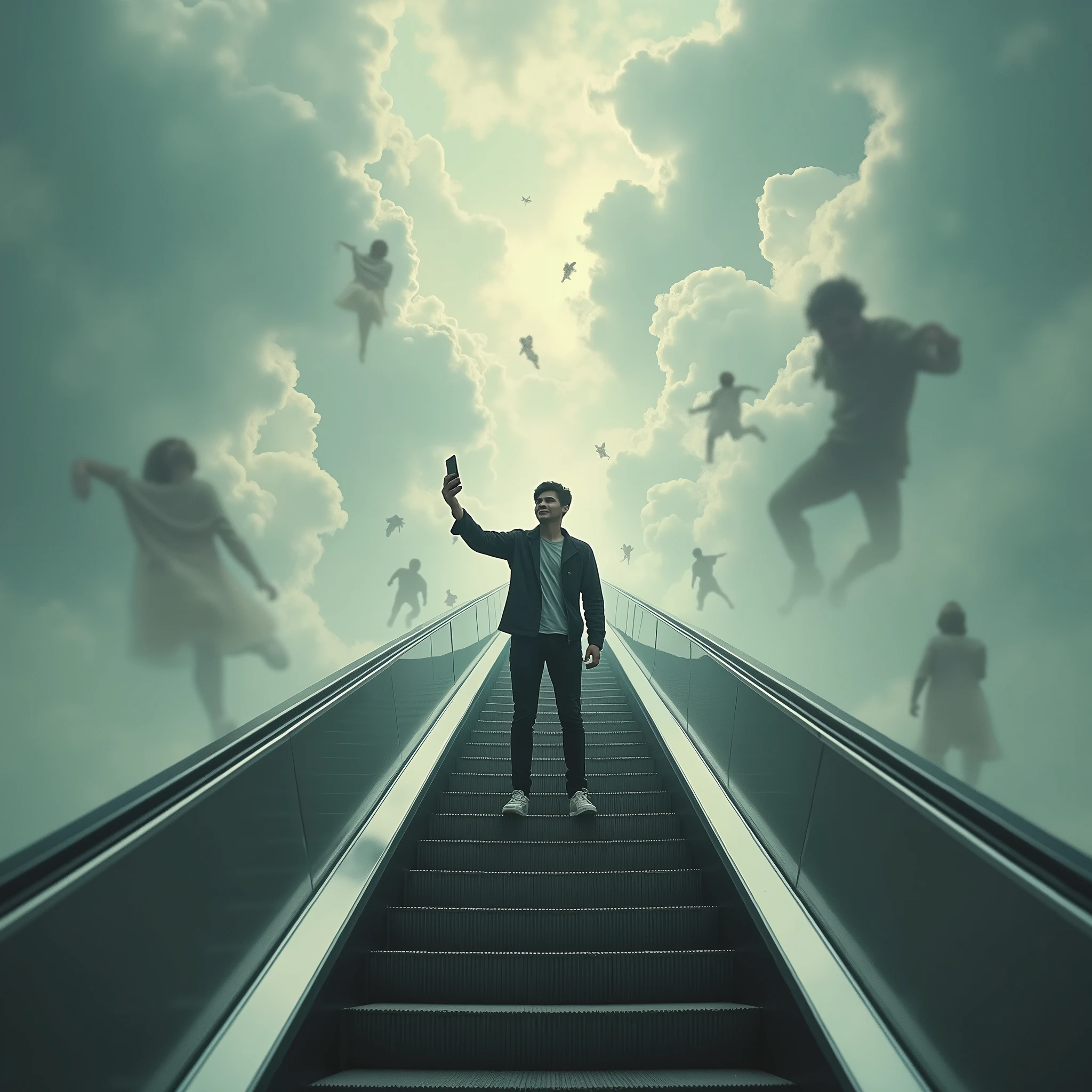 ((Last selfie. Il giovane si scatta un selfie su una scala mobile che, invece di fermarsi a un piano superiore, continua a salire verso un cielo pieno di nuvole surreali e figure bizzarre fluttuanti. La scala sembra non avere fine, scomparendo tra le nuvole, mentre lui si gode il viaggio con un sorriso, ignorando l’assurdità della situazione. Oopps.)). (Suspended in the air between scene and the viewer, a translucent, almost ghostly black message reads exactly: "Last selfie!". The text appears as if it's floating, blurred at the edges, with the letters formed from a faint mist or dark black smoke that lingers in the space. The smoky words are readable, though not overly bright, hovering just in front of his gaze, creating a surreal yet powerful effect. Text exactly says: "Last selfie!". Text says: "Last selfie!". semi-transparent text that reads 'Last selfie!' in a dramatic, bold font. The text almost acts as a title, floating in the air, partially obscuring the scene but enhancing the overall tension and urgency of the moment.Suspended in the air between scene and the viewer, a translucent, almost ghostly black message reads exactly: "Mercy is over!". The text appears as if it's floating, blurred at the edges, with the letters formed from a faint mist or dark black smoke that lingers in the space. The smoky words are readable, though not overly bright, hovering just in front of his gaze, creating a surreal yet powerful effect. Text exactly says: "Mercy is over!". Text says: "Mercy is over!". semi-transparent text that reads 'Last selfie!' in a dramatic, bold font. The text almost acts as a title, floating in the air, partially obscuring the scene but enhancing the overall tension and urgency of the moment.)