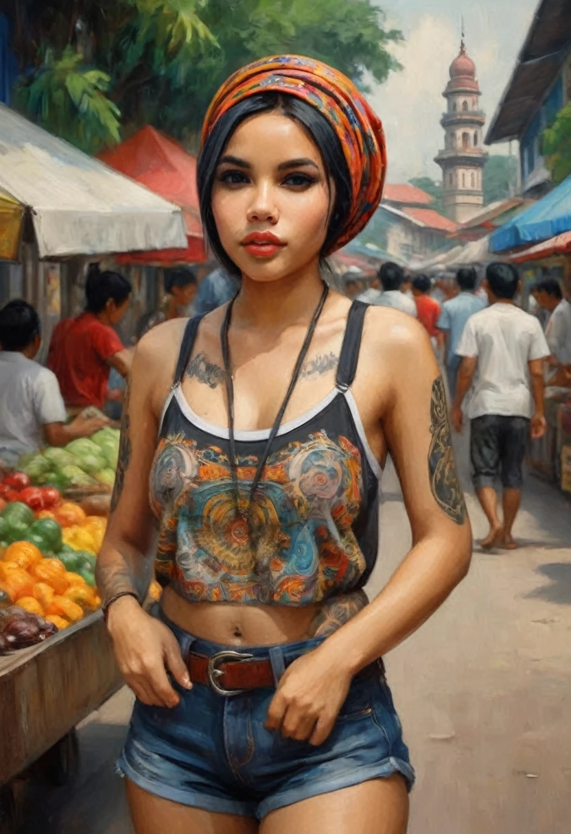 a cute woman, tourist low rider short shorts, tourist tiny tank top, sandals, tramp stamp tattoo, open air market, hijab wearing women, Malaysia, 1 girl, photo, realistic, masterpiece, ultra-detailed, hyper realistic, vivid colors, cinematic lighting, award winning photography, high quality, intricate details, stunning, beautiful, elegant, dynamic pose, natural setting
