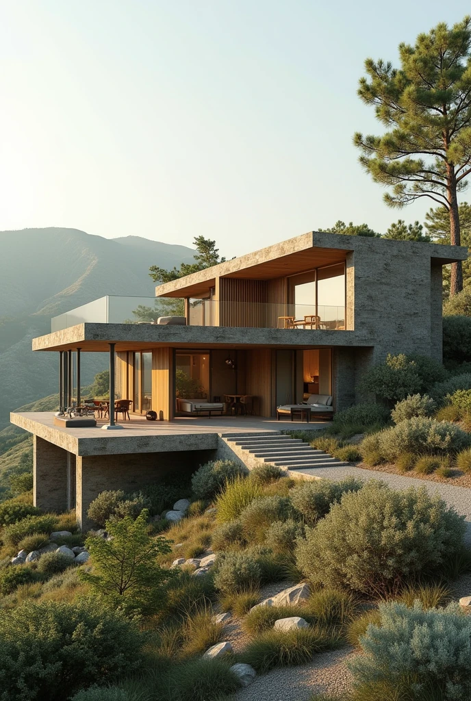 Give me the image of a house, away from the hustle and bustle of the city, lost in the landscape, with an architecture that evokes peace, Freedom, and security, that transmits calm, that allows the wind to pass through, that is not the everyday form of houses, but make a difference, can be camouflaged with the landscape through finishes and textures