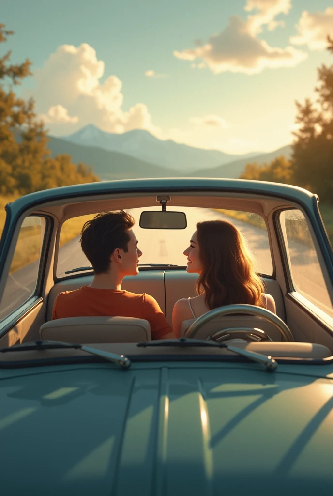 Image of the couple driving together with a renewed sense of connection and learning. They should look calm and content, with a sense of resolution and growth.