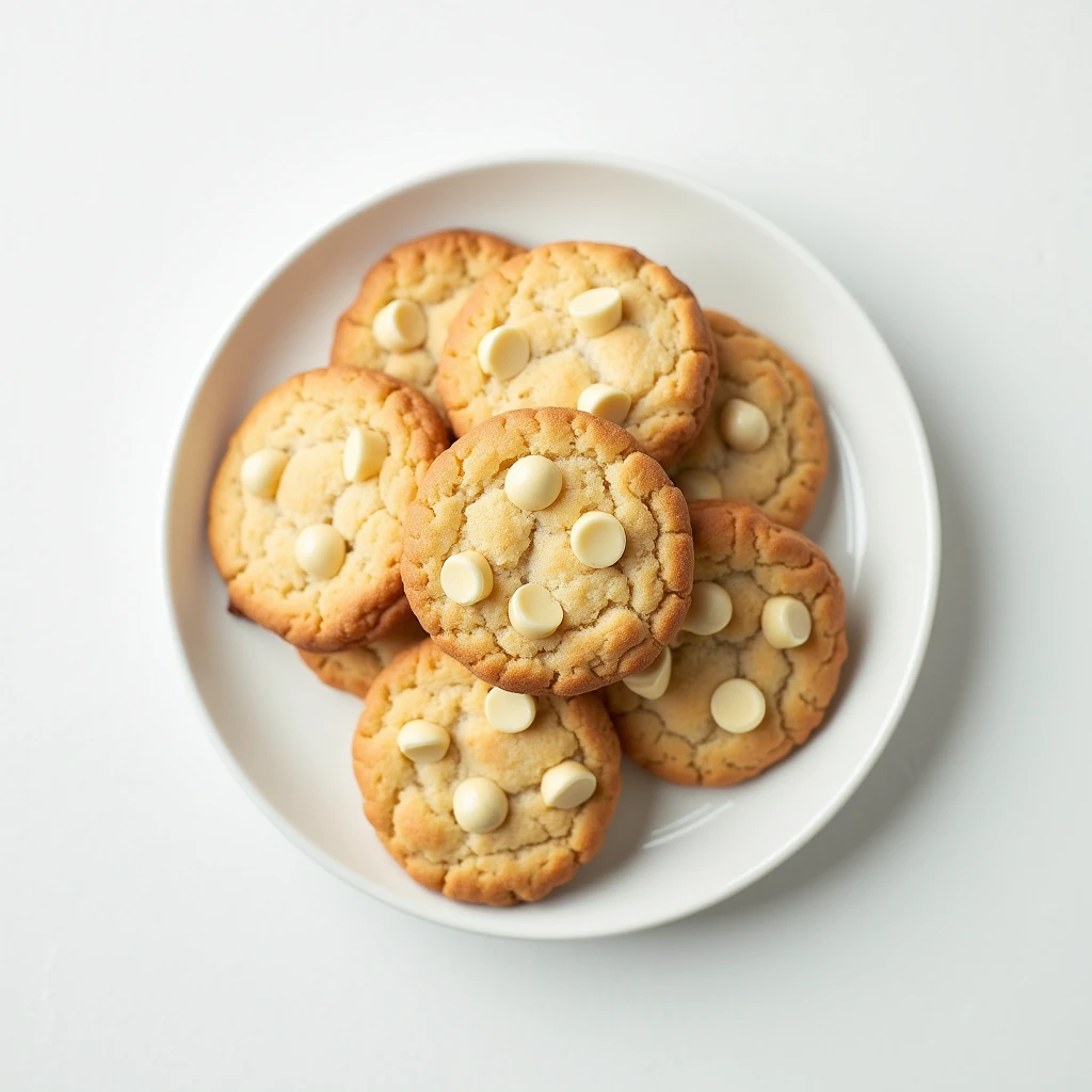 "Top-down angle focusing on a patternless white plate with neatly arranged round white chocolate chip cookies placed side by side on a patternless white table."