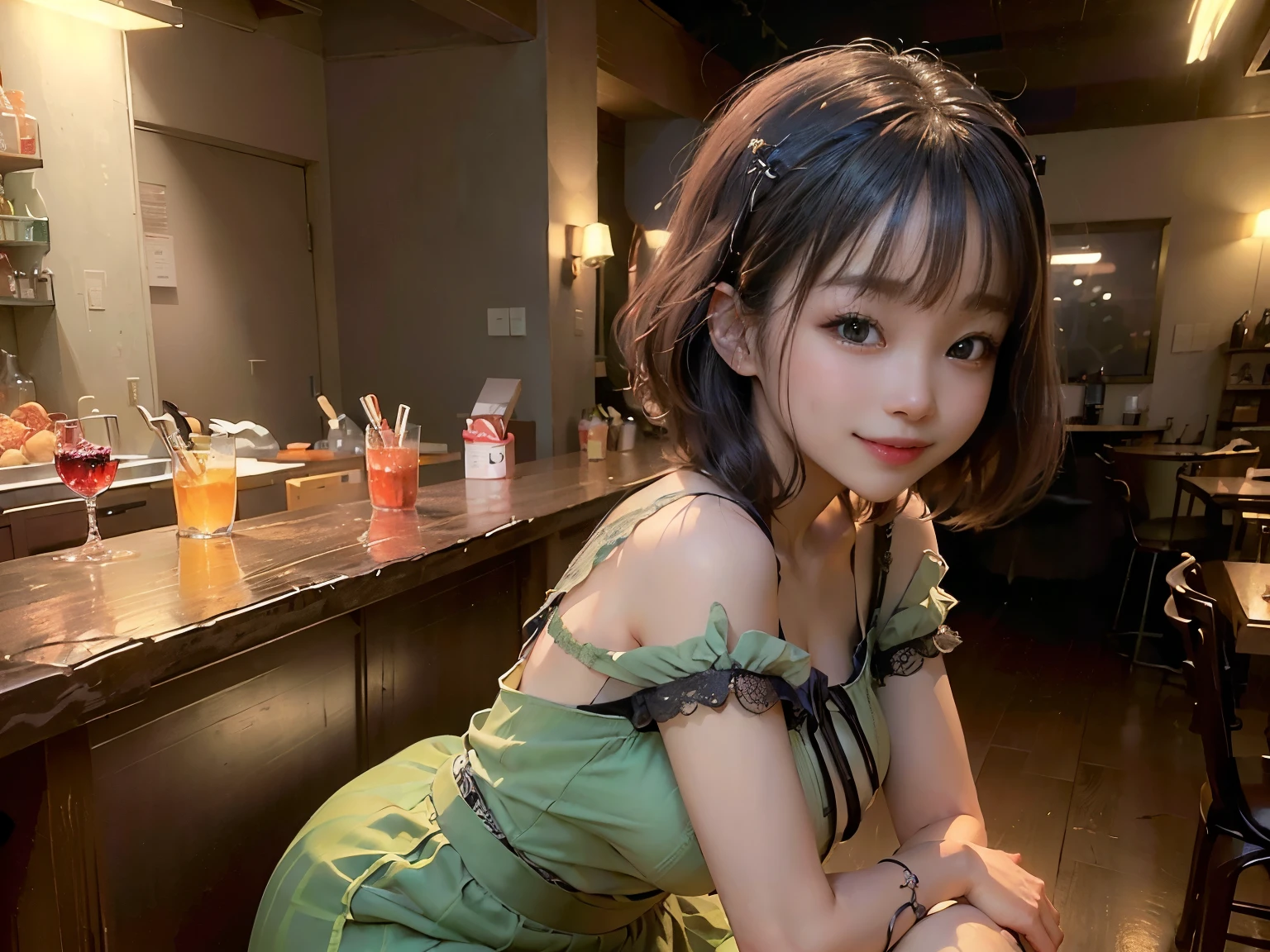 (Highest quality, masterpiece, Ultra-high resolution, 8k, RAW Photos, Realistic, Anatomically correct:1.5), 20-year-old girl:1.2, Embarrassing, avert your eyes, blush:1.0, View Viewer, ((bar)) 、Large windows、Night view、 Light:1.2, Bokeh, Cinema Lighting:1.0, Depth of written boundary, sharp、 Cute Face、Idol、(Black short sleeve lace top)、(Black tulle skirt)、(Green clothes)、”dwarf”、(Full Body Shot)、(Side angle)、Cowboy Shot、( smile)、((Ultra short hair、Berry Short))、(Straight bangs)、((See-through))、(( One woman))、look back、I can see your belly button、