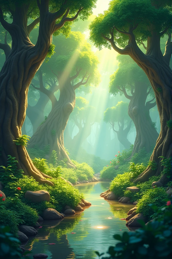 In Cinematic 3d cartoon style"Create an image of a dense forest setting in Panchvati, with tall trees and a serene atmosphere"