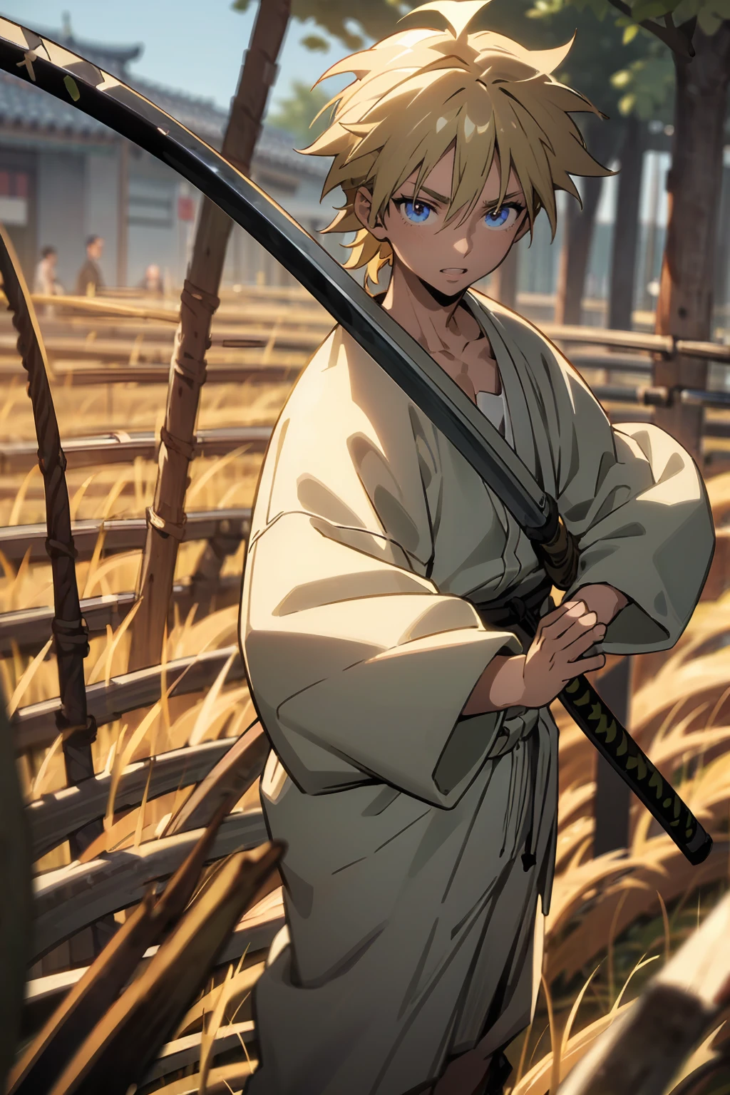 masterpiece quality, perfect generation, sclera, detailed eyes, skin, blonde messy hair, muscular, ronin clothing, excited expression, katana, trees , full body, olive skin, adult, rice field background, male, facing viewer, standing outside,