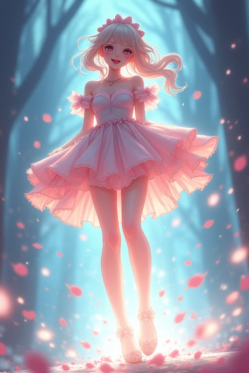 ((best quality)), ((masterpiece)), (detailed), A magical girl drinks a growth potion and her legs grow longer, thicker, and more beautiful. The magical girl's legs are surrounded by white light. They are still growing.