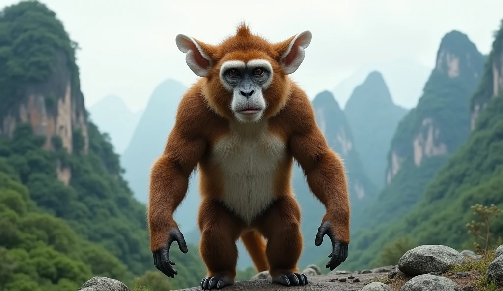 Panoramic front view,There is a wild beast in the mountains of Guilin,It looks like a brown monkey and its ears are white.,Standing upright like a human(best quality,4K,8k,High level,masterpiece:1.2),Ultra Detailed,(lifelike,Photo real,Photo real:1.37)