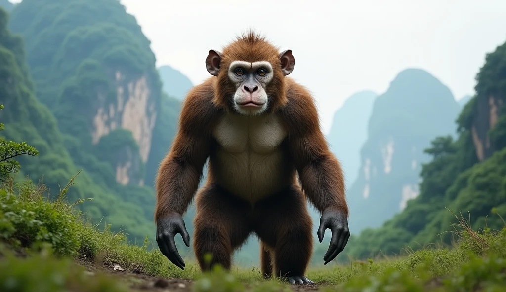 Panoramic front view,There is a wild beast in the mountains of Guilin,It looks like a brown monkey and its ears are white.,Standing upright like a human(best quality,4K,8k,High level,masterpiece:1.2),Ultra Detailed,(lifelike,Photo real,Photo real:1.37)