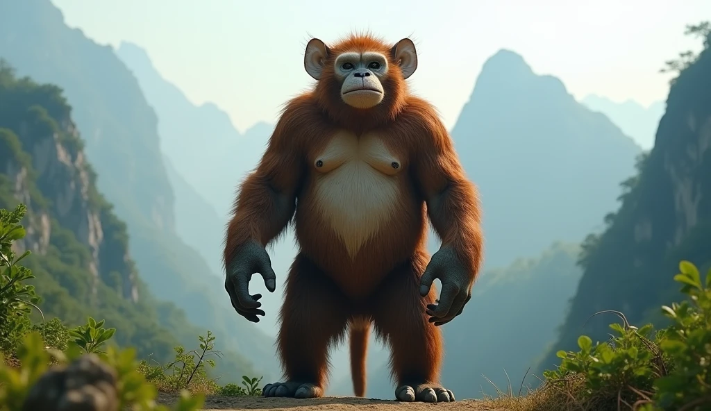 Panoramic front view,There is a wild beast in the mountains of Guilin,It looks like a brown monkey and its ears are white.,Standing upright like a human(best quality,4K,8k,High level,masterpiece:1.2),Ultra Detailed,(lifelike,Photo real,Photo real:1.37)