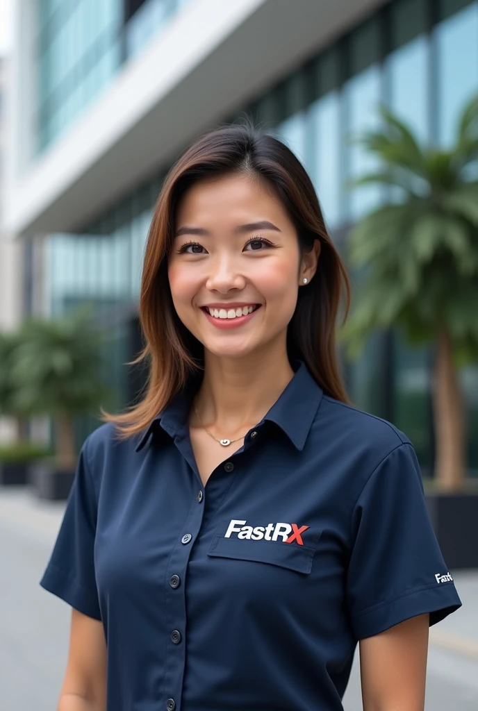 (photorealism:1.2), beautiful woman, wearing fastRX cargo uniform with a big logo on her uniform, infront of fastRX cargo office with a beautifull smile
