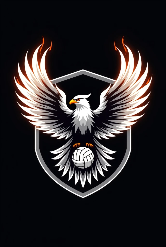 Generate a logo for a volleyball team with a black background and made up of a falcon with a white aura and fire coming out of its wings, a volleyball in the center and a shield