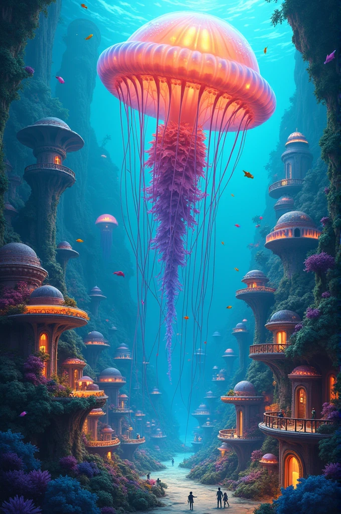 A marine city under a large colorful jellyfish